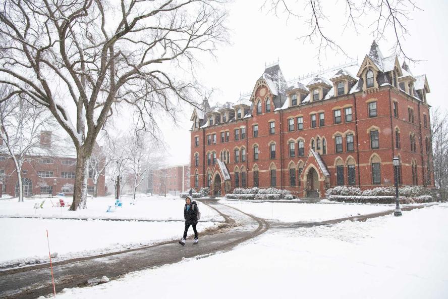 Snow day near West Hall building on Tufts campus